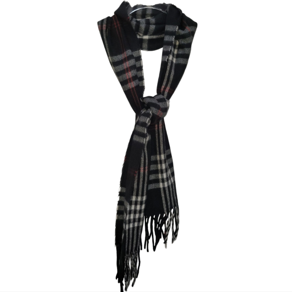 100% Lambswool Elegant Black Red and White Fringe Scarf